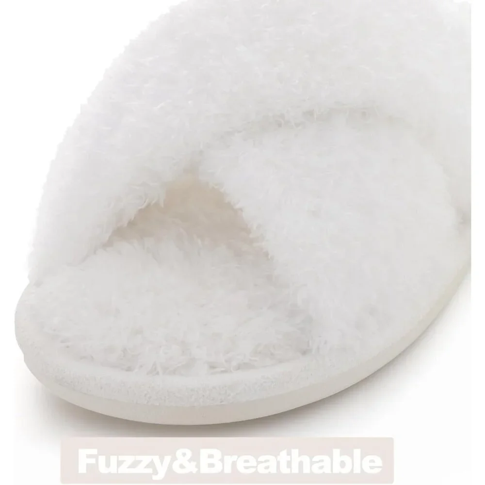 Women's White Fuzzy Cross Band Memory Foam Open-Toe House Slippers - Picture 3 of 7